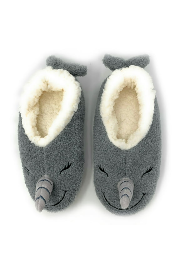 Women's Cozy Fuzzy Sherpa Slippers, Funny 3D Animal House Slippers, Narwhal, L