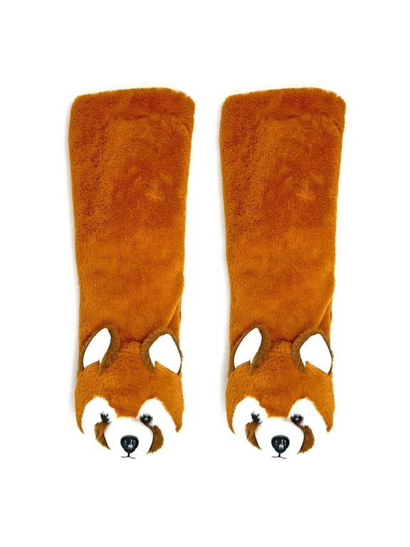 Women's Funny Animal Fuzzy House Slipper Socks with Grippers, Cute Plush Indoor Non-Slip Socks, Red Panda, Size 5-10