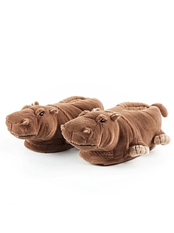 Women's Funny Animal Fuzzy House Slippers, Cute Plush Indoor Non-Slip Shoes, Bubbles the Hippo, Size L