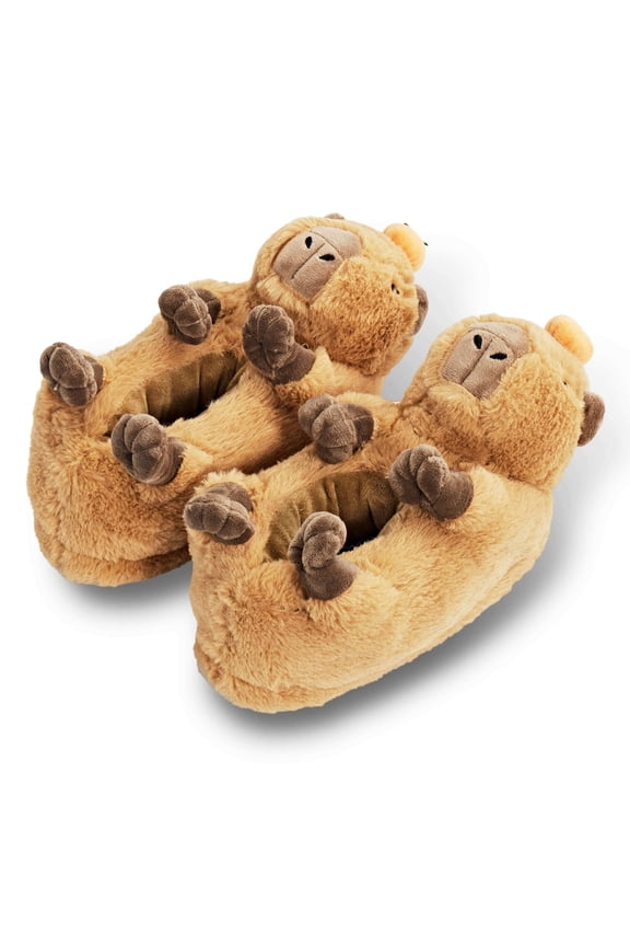 Women's Funny Animal Fuzzy House Slippers, Cute Plush Indoor Non-Slip Shoes, Mabel the Capybara, Size S