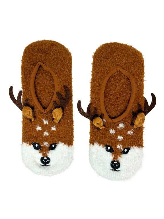 Women's Funny Animal Fuzzy Socks with Grippers, Cute Cozy Non-Slip Indoor Slipper Socks, My Deer, Size 5-10