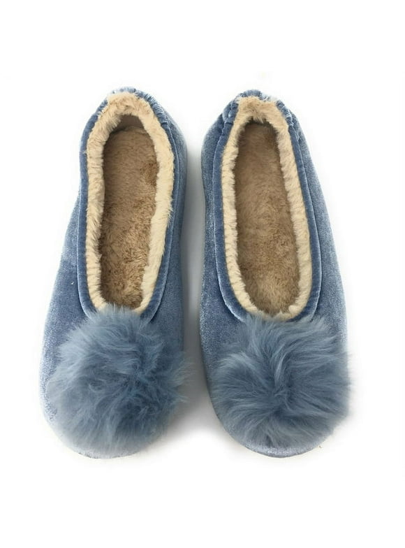 Oooh Geez Women's Pom Pom Ballet Slippers, Cozy Fuzzy Plush House Shoes, Blue