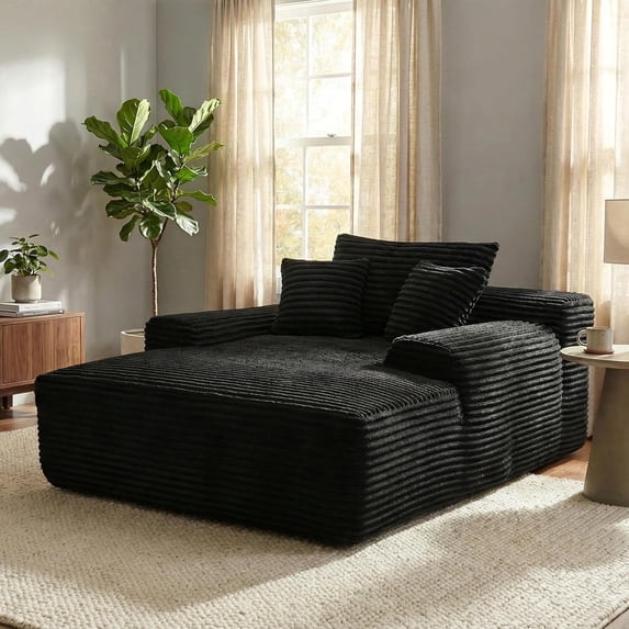 Oooh Life Oversized Chaise Lounge Indoor, Compression Floor Sofa Bed with Pillows, Corduroy Leisure Reading Chair for Living Room, Black