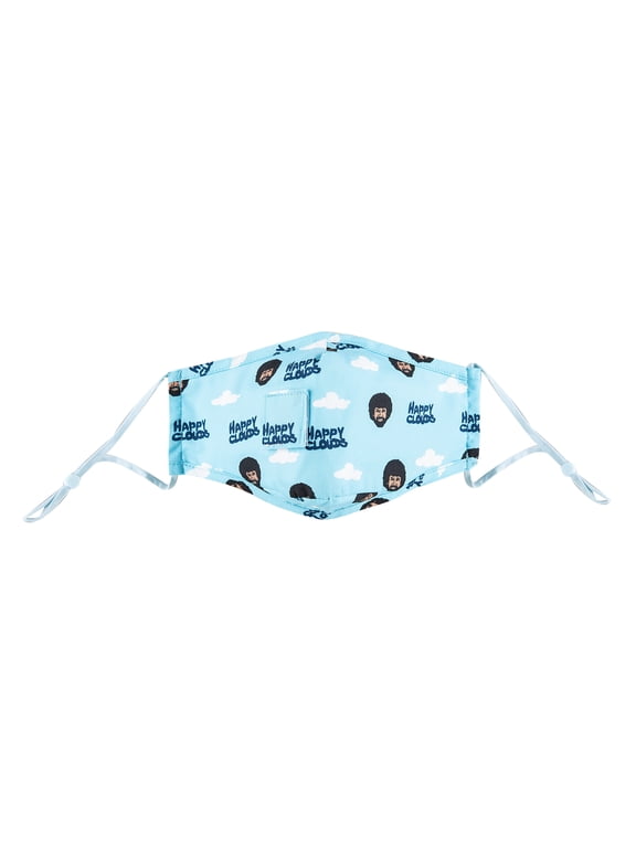 Adjustable Bob Ross Face Mask, Washable Cloth Cover with Straw Hole, Happy Clouds Bloom, Large
