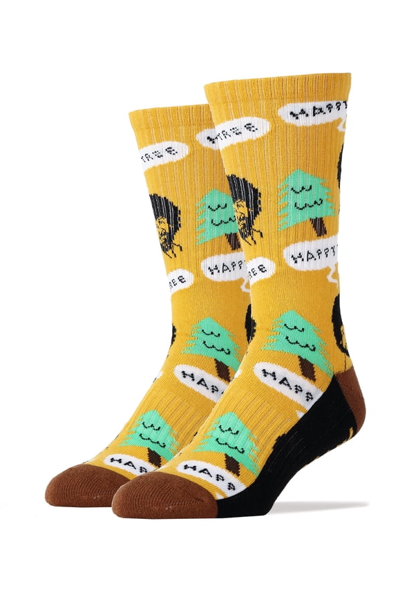 Men's Funny Athletic Crew Socks, Novelty Cool Cotton Socks, Bob Ross Happy Tree, One Size
