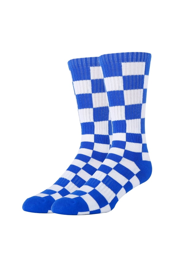 Mens Funny Novelty Cotton Crew Socks, Crazy Fun Silly Dress Socks, Checker Royal, Size 8-13