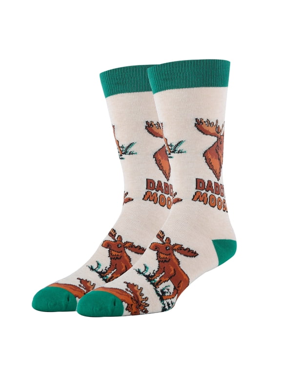 Mens Funny Novelty Cotton Crew Socks, Crazy Fun Silly Dress Socks, Daddy Moose, Size 8-13