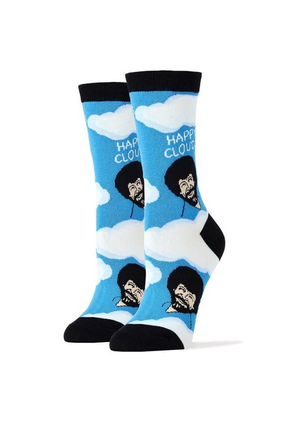 Women's Funny Colorful Crew Socks Novelty Cool Cotton Socks, Bob Ross Happy Clouds, One Size