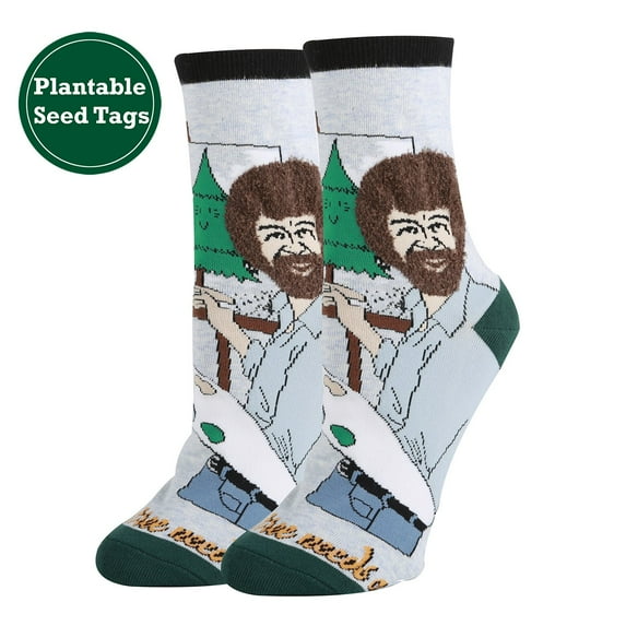 Oooh Yeah Womens Funny Bob Ross Crew Socks, Hug A Tree, Novelty Cotton Socks w Seeded Label