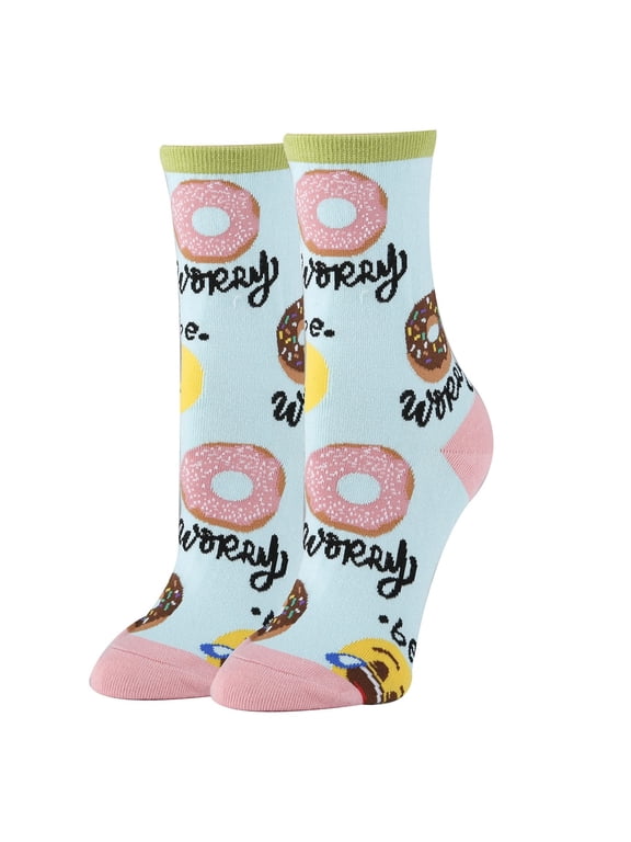 Womens Funny Saying Crew Socks, Donut Worry, Novelty Cute Cotton Socks, Size 5-10