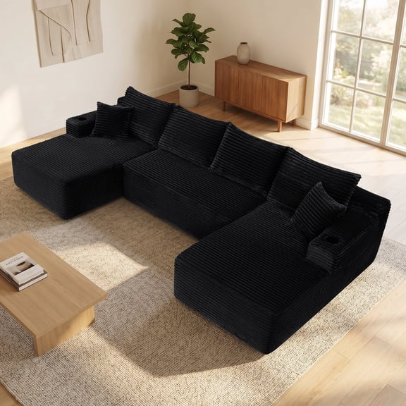 Oooh life 134" Oversized U-Shaped Cloud Couch, Comfy Boneless Deep Seat Modular Sectional Sofa with Cup Holders, Modern Corduroy Foam Compressed Sofa Set for Living Room, Apartment, Black