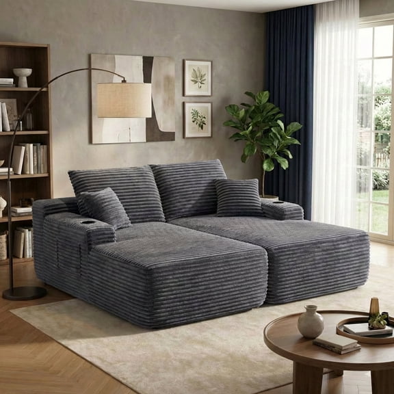 Oooh life Contemporary Double Chaise Lounge Chair, Soft Plush Cloud Sofa, Spacious Modular Floor Sectional Sleeper Couch with Cup Holders, Comfortable 2-Seater for Living Room, Gray