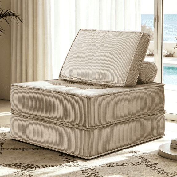 Oooh life Convertible Lounge Sofa Bed Chair with Spring Padding, Soft Striped Corduroy, One-Piece Compression Sofa for Reading, Napping and Guest Room Camel
