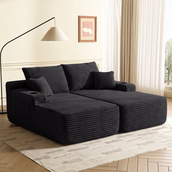 Oooh Life Oversized Double Chaise Lounge Sofa, Deep Seat Modular Sleeper Couch with 2 Cup Holders, Plush, Black