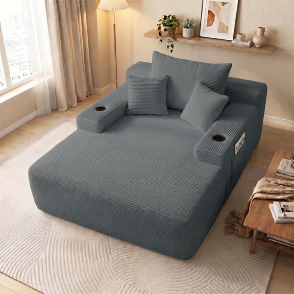 Oooh life Oversized Floor Sofa Bed with Cup Holders, Convertible Chaise Lounge Chair, Soft Corduroy Upholstered Indoor Lounge Seat, No Assembly, Gray