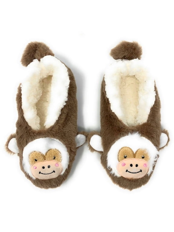 OoohGeez Kids Funny Animal Slipper Socks, Let's Monkey, Fuzzy House Non-Slip Grip Socks