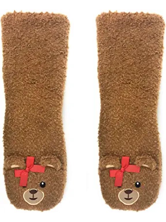OoohGeez Women's House Sherpa Cute Bear Slipper,Fluffy Fuzzy Grippers Socks, Teddy Burr