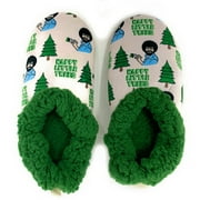 OoohGeez Womens Funny Bob Ross House Fluffy Sherpa Slipper with Grippers, Lil Happy Trees, L