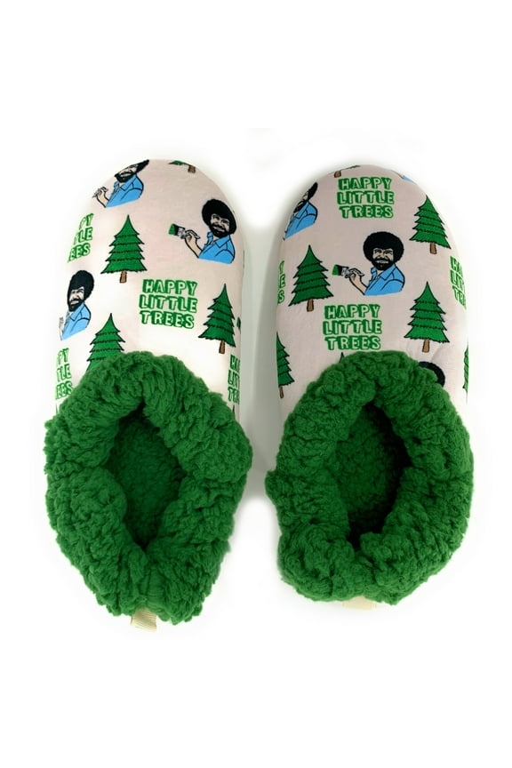 OoohGeez Womens Funny Bob Ross House Non-Slip Fluffy Slipper, Lil Happy Trees, S