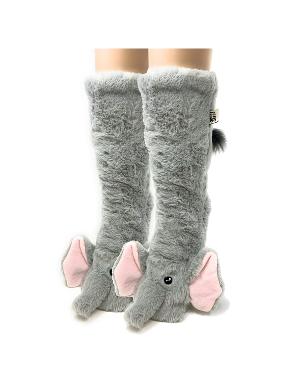 OoohGeez Womens Fuzzy Animal House Slipper Socks with Grippers - My Elephant