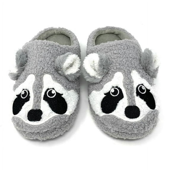 OoohGeez Womens Fuzzy Animal Slip On Slippers, Ra Ra Coon, Funny Non Slip House Shoes, S