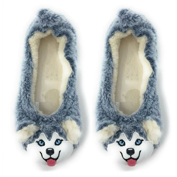 OoohGeez Womens Fuzzy Plush Travel Portable Slipper Socks, Funny Animal House Shoes, Husky, L