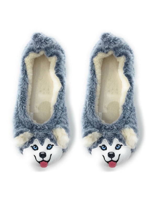 OoohGeez Womens Fuzzy Plush Travel Portable Slipper Socks, Funny Animal House Shoes, Husky, S