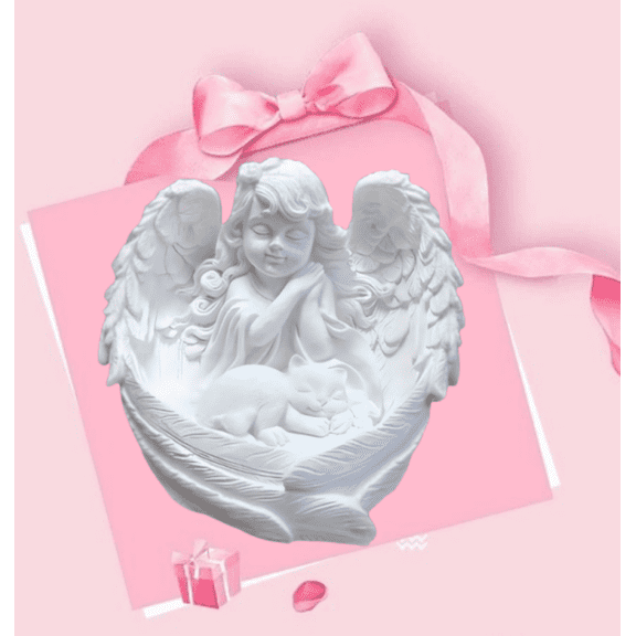 Ooooknpc Pet Cat Angel Memorial Statue Figurine Tabletop Heart Love Keepsake Stone Sympathy White