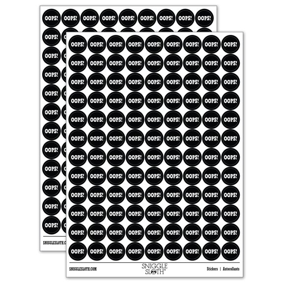 Oops Fun Text 200+ Round Stickers - Black - Gloss Finish - 0.50" Size