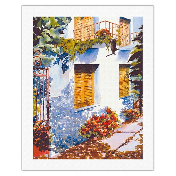 Oops! - Hawaiian Black Cat (ʻeleʻele Popoki) hangs from the Balcony - From an Original Hawaii Watercolor Painting by Peggy Chun - Fine Art Rolled Canvas Print 20in x 26in