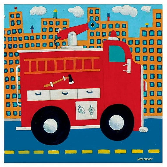 oopsy daisy fire truck stretched canvas wall art by max grover, 10 by 10-inch