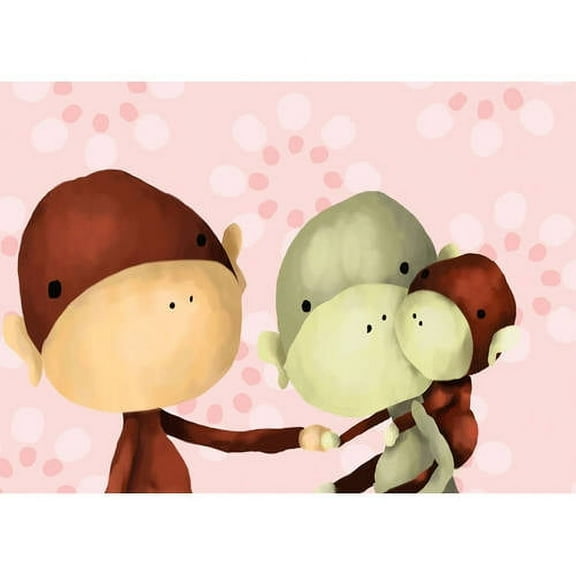 oopsy daisy the three monkeys, pink stretched canvas wall art by meghann o'hara, 14 by 10-inch