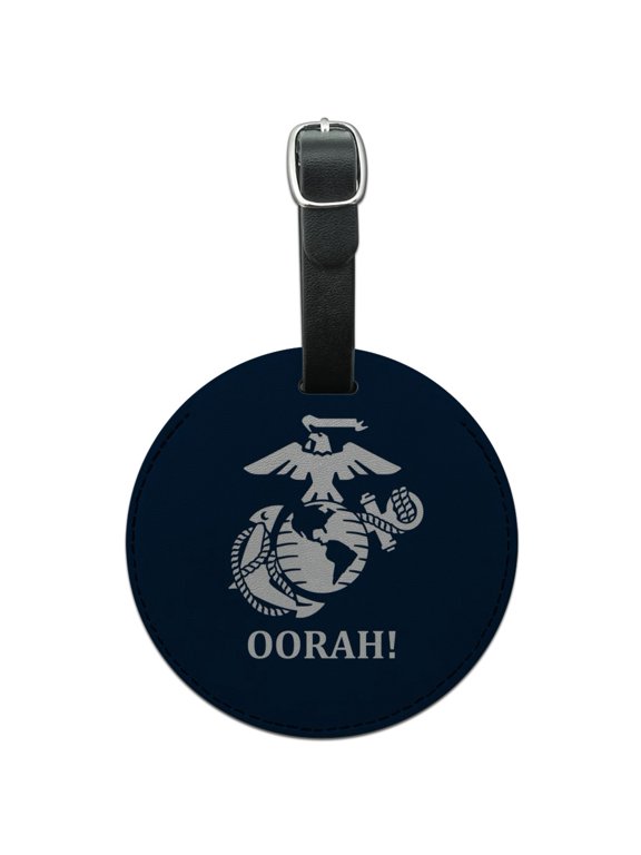 Oorah! Marine Corps USMC White on Blue Officially Licensed Round Leather Luggage Card Suitcase Carry-On ID Tag