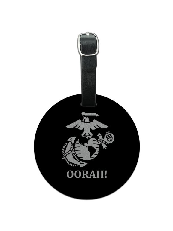 Oorah! USMC Marine Corps White on Black Officially Licensed Round Leather Luggage Card Suitcase Carry-On ID Tag