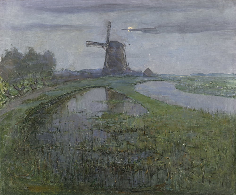 Oostzijdse Mill Along The River Gein By Moonlight Canvas Art - (36 x 24)
