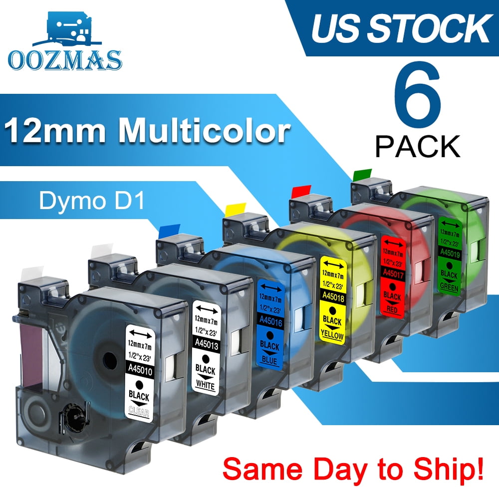 Oozmas 6PK Compatible for DYMO D1 45013 S0720530 45010 45016 45017 45018 45019 12mm Black on White/Clear/Yellow/Red/Blue/Green Label Maker Tape for LabelManager 160 280 Label Maker