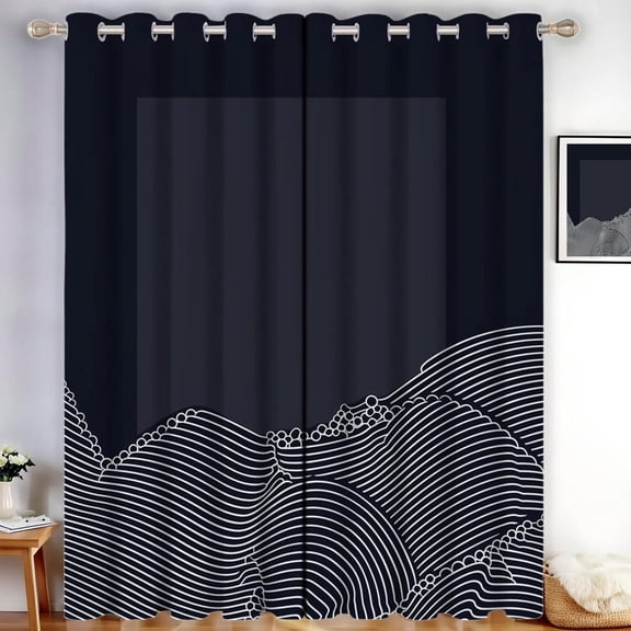 Op Art Blackout Curtains For Bedroom Wave Pattern Black Out Curtains For Living Room Grommet Thermal Insulated Room Darkening Window Drapes, Charcoal Gray 38"W x 45"L (Pack of 2)