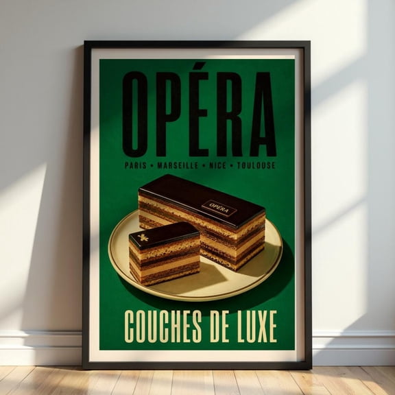 Opéra Cake French Pastry Wall Art Vintage Paris Bakery Print Opera Modern Typography Emerald Green And Gold, Unframed Paper Print