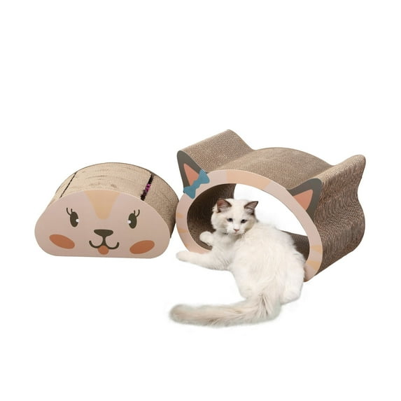 THE LICKER STORE Opal 19" Modern Cardboard Happy Cat Head 2-in-1 Cat Cave Scratcher with Built-In Bell Toys and Catnip, Cream/Peach, CSR1000B