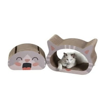 THE LICKER STORE Opal 19" Modern Cardboard Happy Cat Head 2-in-1 Cat Cave Scratcher with Built-In Bell Toys and Catnip, Muted Pink/Cream, CSR1000A