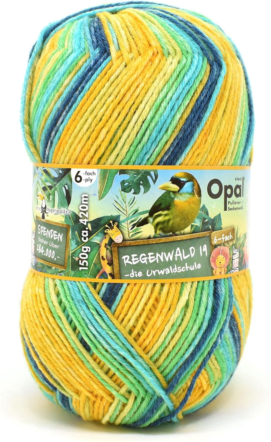 Opal 6-Ply Sock Yarn | 75% Virgin Wool (Superwash), 25% Polyamide | 150g (Approx. 460 yards) Skein, (11340 - Rainforest Gold-Aqua)
