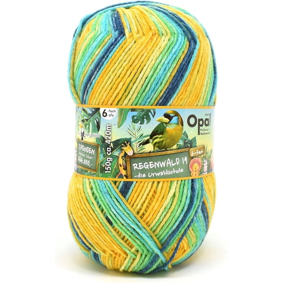 Opal 6-Ply Sock Yarn | 75% Virgin Wool (Superwash), 25% Polyamide | 150g (Approx. 460 yards) Skein, (11340 - Rainforest Gold-Aqua)