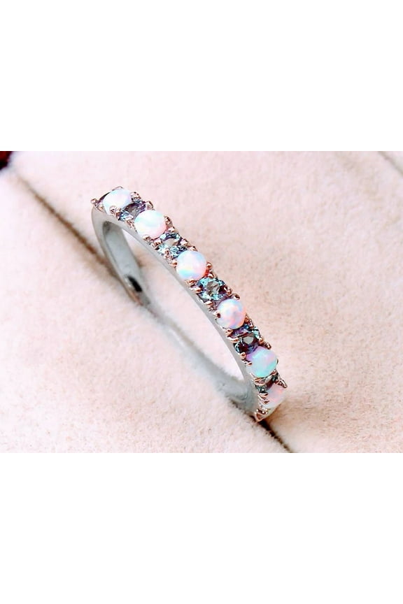 Opal Alexandrite Wedding Ring Band, Personalized Ring for Her, Minimalist October Birthstone Stackable Bridal Ring for Women Gift for her.