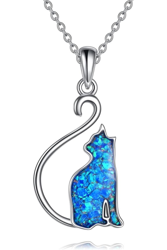 Opal Cat Necklace 925 Sterling Silver Bule Opal Kitten Pendant Necklace Jewelry Gifts for Cat Lovers Women