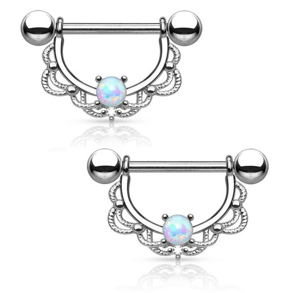 Opal Centered Filigree Drop 316L Surgical Steel Nipple Barbell Ring (14G | Gold)