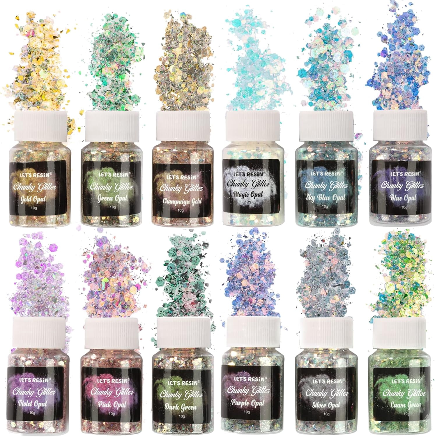 Opal Chunky Glitter for Resin, 12 * 10g Craft Glitter Powder for Tumblers/Slime, Iridescent Chameleon Glitter Sequins Festival Decor(Each 0.35oz)