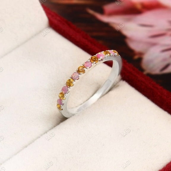 Opal & Citrine Wedding Ring, Dainty pink Opal Wedding Band, Half Eternity Sterling Silver Ring, October Birthstone,Anniversary Gift for Her
