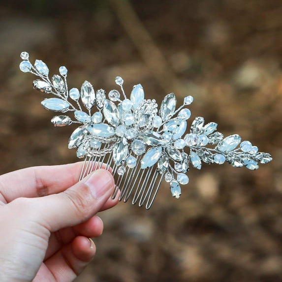 Opal Crystal Wedding Hair Comb - Silver Rhinestones Bridal Hair Clips