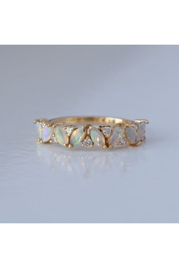 Opal & Diamond Cluster Ring, Marquise Opal Wedding Ring, Handmade Jewelry, 18k Gold Plated Delicate Ring, Minimalist Jewelry, Gift For Her