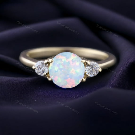 Opal Diamond Engagement Ring Three Gemstone Bridal Ring Women Stacking Promise Ring Anniversary Birthday Gift For Wife Yellow Gold Jewelry